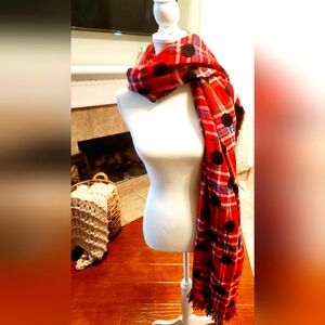 Red Plaid Scarf with Black Polka Dots
